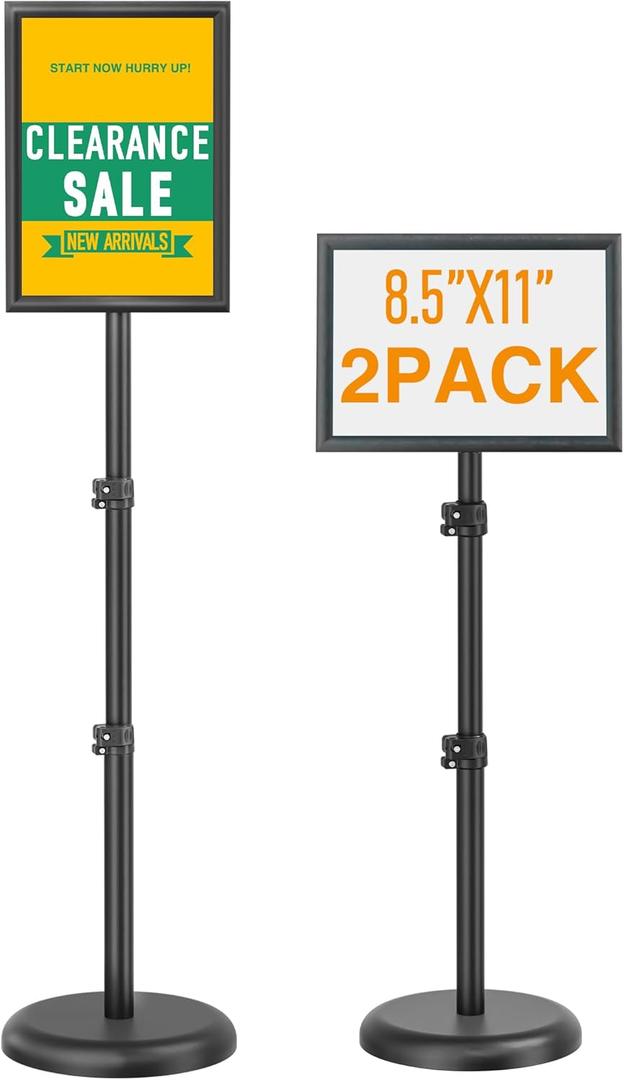 Sign Holder Stand 8.5x11 inch, Adjustable Floor Standing Sign Holder, Heavy Duty Sign Stand for Display, Fillable Retractable Poster Stand for Malls, Schools, Restaurants (2Pack) (Black)