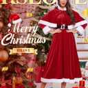 RSLOVE Christmas Dresses for Women - Mrs Claus Santa Costume with Removable Hooded Cape and Belt Holiday Party Outfit (Small, Red)