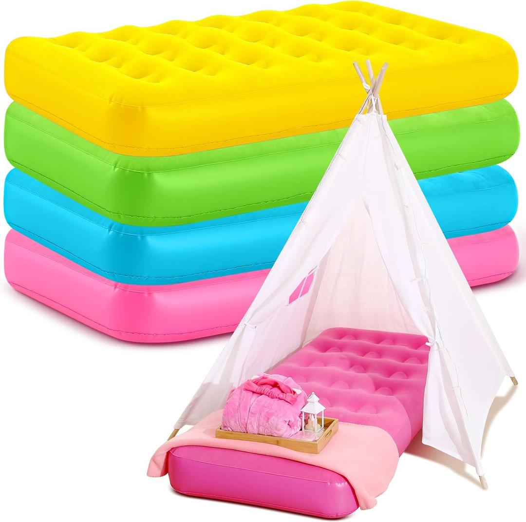 Leyndo 4 Pack Kids Air Mattress Bulk Toddler Inflatable Bed Blow up Camping Sleeping Pad 61.81 x 25.98 x 7.09 Inches Kid Inflatable Airbed for Aged 3-10 Years Old (Multicolor) (Many Colors)
