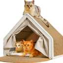 Cat Houses for Indoor Cats - Large Cat Bed Cave with Natural Sisal Cat Scratcher Mat, Solid Wood Frame Cat House with Curtains and Cat Floor Scratching Pad Rug, Protect Couch and Carpets, L