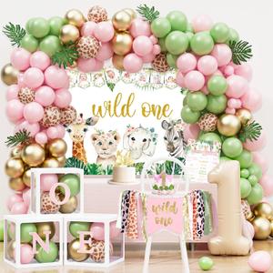 Wild One Birthday Decorations Party Supplies for Girl, 1st Birthday Girl Decoration, Jungle Animal 1st Bday Party Supplies, First Bday Decor for Girls