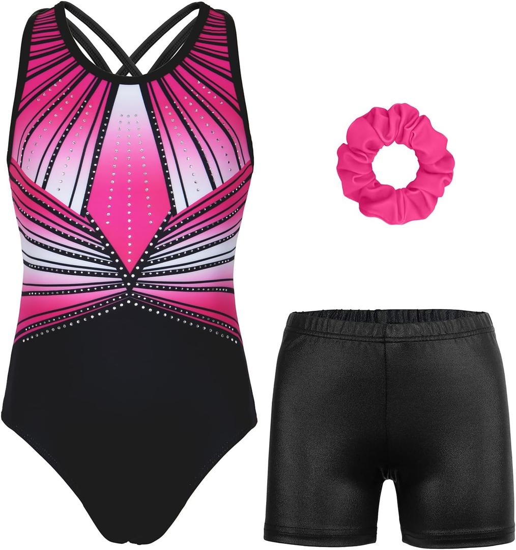 MODAFANS Gymnastics Leotards for Girls Sparkly Ballet Dance Unitards Biketards Tumbling Shorts Cross Back Activewear (12-13 Years, Magenta-Black Diamond Set)