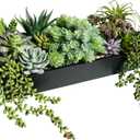Winlyn 15" Artificial Succulent Arrangement Faux Succulents in Rustic Black Rectangular Wooden Planter Faux Potted Plants for Party Table Centerpiece Mantel Shelf Windowsill Tabletop Greenery Decor