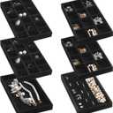 Frebeauty Jewelry Organizer Tray,Stackable Velvet Jewelry Trays,Drawer Inserts Earring Organizer For Women Jewelry Storage Display Case for Rings Stud Necklaces,Set of 6(Black)