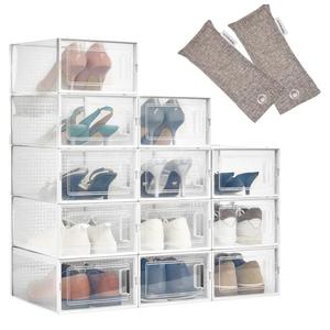 Set of 3 HomeBuddy Shoe Organizer Box - 12 Pack Shoe Box, Stackable Sneaker Storage, Sturdy Shoe Containers with Back Ventilation, Clear Shoe Boxes - Bamboo Charcoal Deodorizers Included