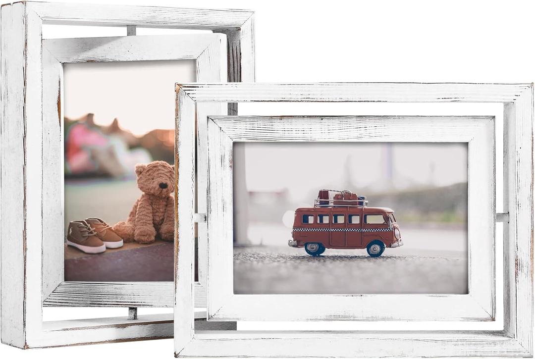 Egofine 2 Pack 4x6 Rotating Floating Picture Frames,Double-Sided Display with HD Glass Front Wooden Distressed Frame for Vertical or Horizontal Tabletop Display, White