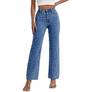 Womens High Waisted Pearl Jeans Stretch Straight Leg Denim Pants Trendy Y2K Beaded Casual Jeans (XX-Large, Navy Blue)