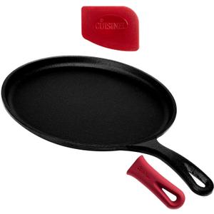 Cast Iron Round Griddle - 10.5-Inch Crepe Maker Pan + Silicone Handle Cover - Pre-Seasoned Comal for Tortillas Flat Skillet - Dosa Tawa Roti Grill - Oven, Stovetop, Induction Safe. PFAS and PFOA-free