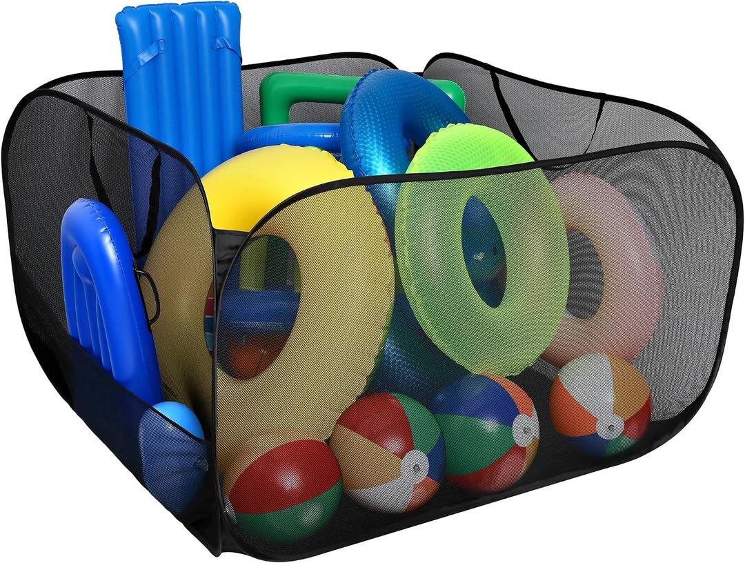 Adnee Pool Toy Storage Bin-47'' x 47'' x 31'' Nylon Mesh Pool Organizer with Side Pocket-300 Gallon Quick Drying Pool Storage for Float, Beach Balls,Towel and Other Swimming Accessories