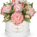 Hollyone Pink Peonies Artificial Flowers in Vase Round Gift Boxes with Fake Flowers Arrangements Faux Flowers Floral in Box Vase for Her Mothers' Day Valentine's Day Christmas Birthday Graduation Gift (Pink and White)