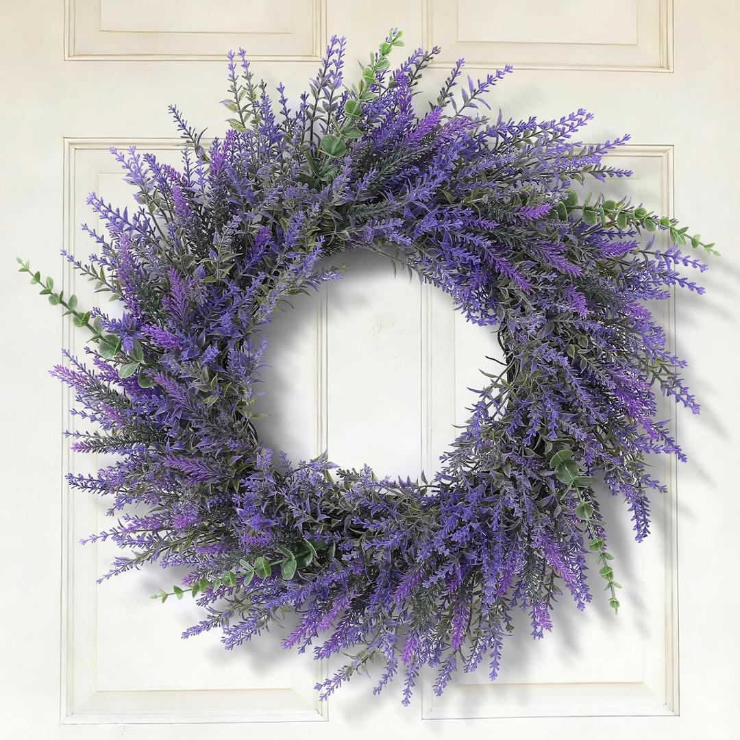 Lavender & Eucalyptus Wreath for Front Door 26"  All Season Artificial Wreath for Spring and Summer, Indoor Outdoor Wall, Porch, Window, Rustic Farmhouse Home Decor  Purple