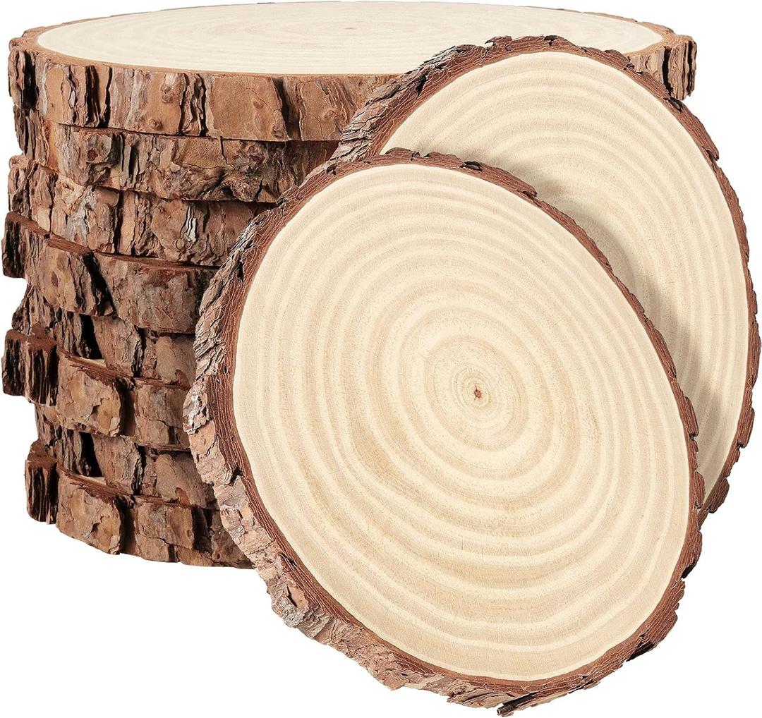 PINGEUI 10 Piece 7-8 Inch Natural Wood Slices With Bark, Unfinished Large Round Discs for Crafts, Wooden Circles Tree Slice