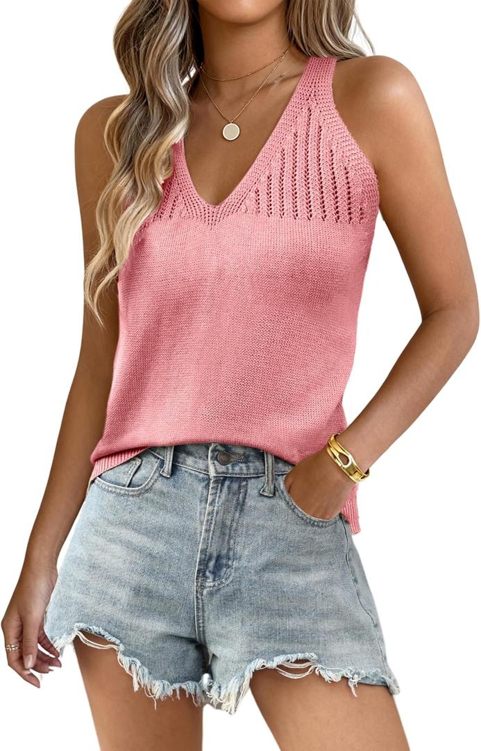 Yeokou Sweater Vest for Women Crochet Tank Top Knitted Tops Camis Tee Halter V Neck Sleeveless Summer Shirts Pullover(Pink-XS)