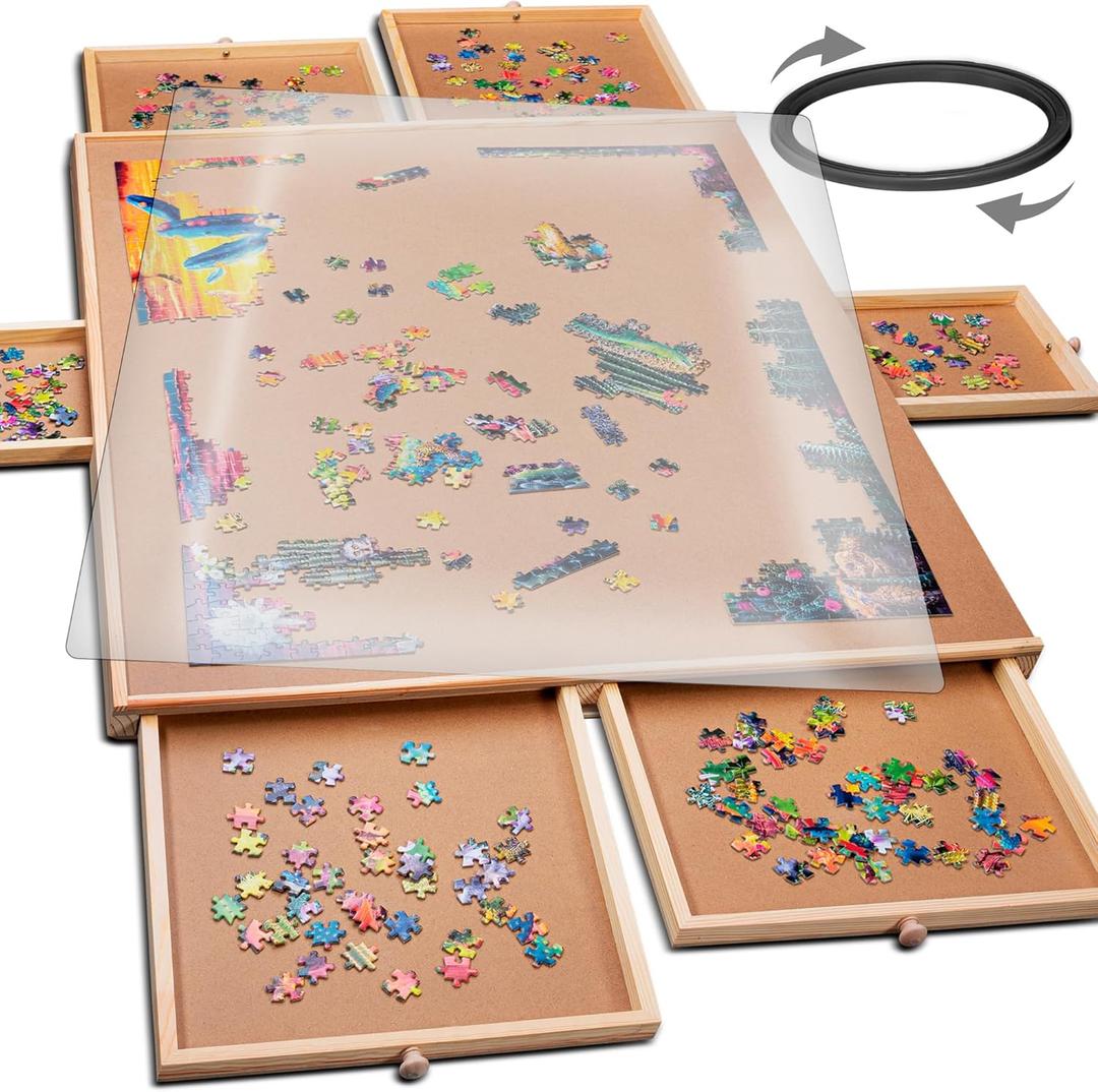 PlayVibe 1500 Piece Rotating Puzzle Board with Drawers and Cover - Sturdy Jigsaw Puzzle Table with 6 Drawers 26" x 35" - Portable Puzzles Boards with Lazy Susan, Wooden, Spinning Puzzles Accessories (1500 pcs - Rotating)