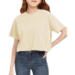 CharmWM Girls Summer Crop Tops Kids Fashion Oversized Crew Neck Cropped Short Sleeve T Shirts Basic Tees Size 11-12 Years (Beige)