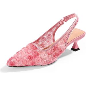 Elegant Lace Kitten Heels for Women - Slingback Pointed Toe Floral Mesh Dress Shoes - Low Heel Formal Wedding Guest Party Sandals (Size 8)