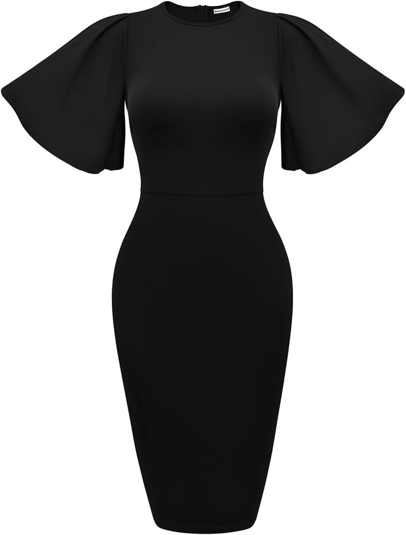 Memoriesea Women's Basic Bodycon Ruffle Flared Short Sleeve Pencil Midi Dress (Small, Black)