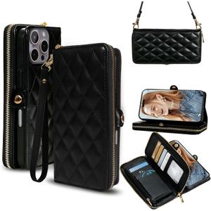 Rssviss Crossbody Case for iPhone 16 Pro Max Case Wallet, RFID Blocking Leather with Card Holder Kickstand, Handbag Zipper Flip Cover with Wrist Strap for iPhone 16 Pro Max Men Women 6.9", Black