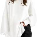 Saodimallsu Womens Turtleneck Oversized Sweaters Puff Sleeve Side Slit Casual Knit Tunic Pullover Tops (Medium, White)