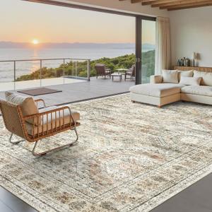 Soalmost Washable Area Rug 8x10, Large Soft Rugs for Living Room Vintage 8x10 Area Rugs for Bedroom Dining Room Non-Slip Stain Resistant Under Table Brown Pink Rug