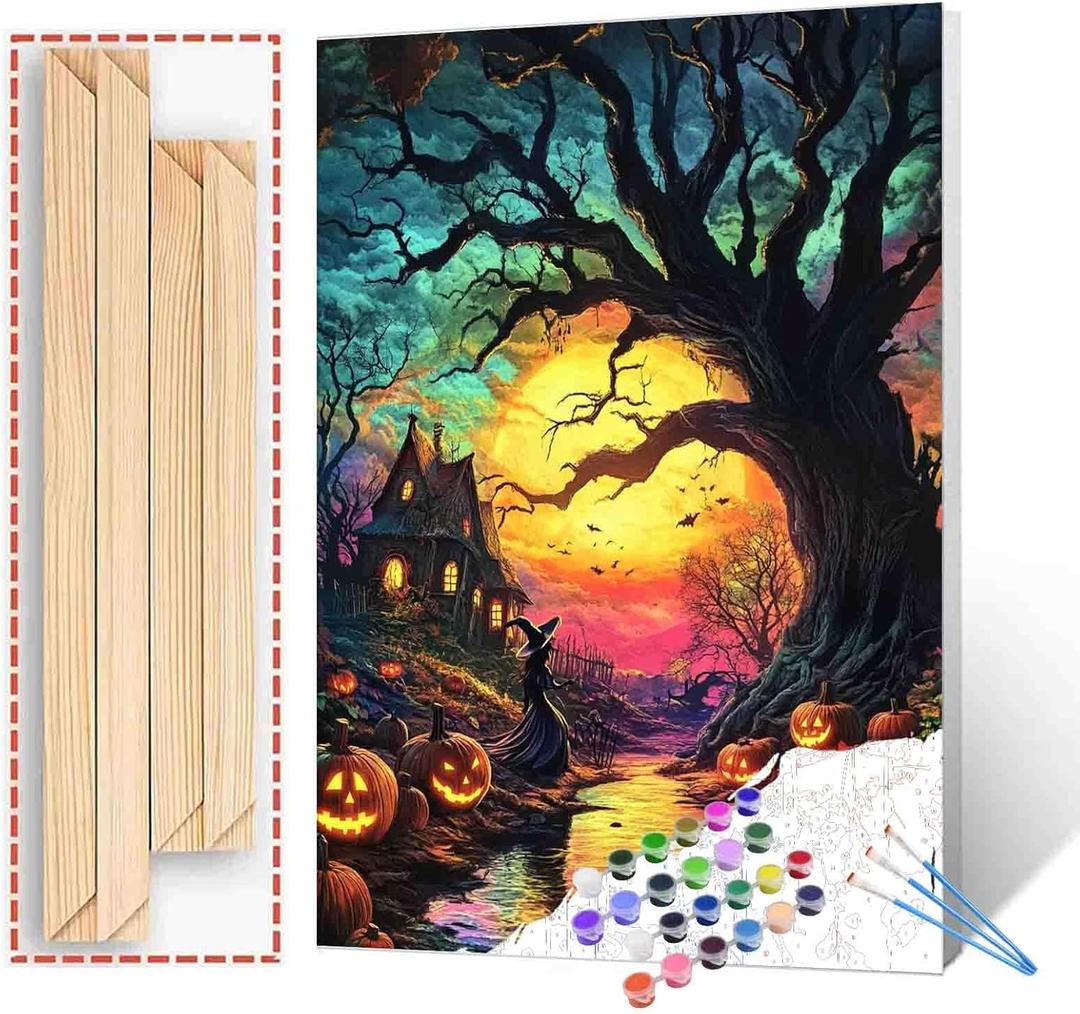 Tucocoo Halloween Spooky Scenery Paint by Number Kit 16 x 20 inch Canvas Full Moon Pumpkins DIY Oil Painting for Adults Beginner with Brushes and Acrylic Pigment-Witch's Night(DIY Frame)