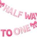 Pink Bow 1/2 Birthday Decorations Handmade Felt Pre-Strung Half Way To One Sign Banner with Pink Bow for 6 months Birthday Half Way To One Baby Girl Decorations Party Nursery Home Wall Fireplace Decor