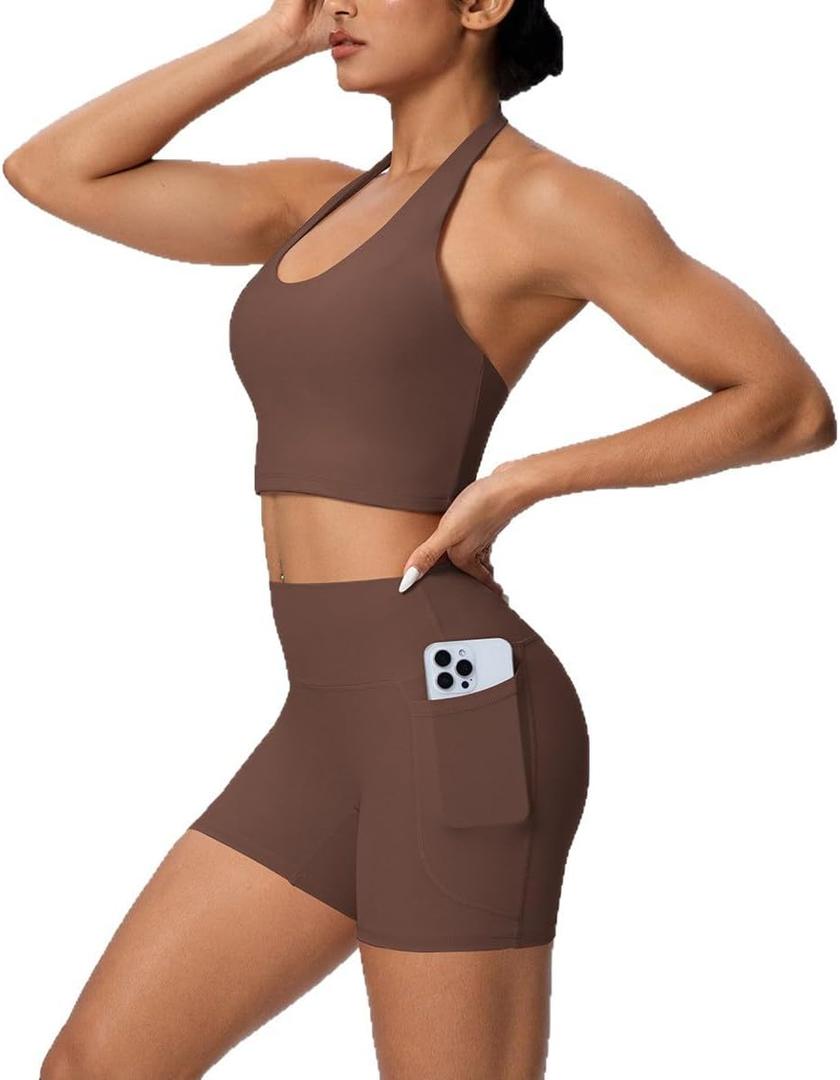 Workout Sets for Women 2 Piece Backless Halter Tops High Waist Booty Yoga Gym Outfits Shorts with Pockets (Coffee Brown, Medium) (Brown, M)