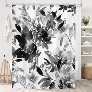 Litabel Black Watercolor Floral Shower Curtain, Plant Leaves with Flower Shower Curtains for Summer Bathroom Decor, White Modern Fabric Botanical Waterproof Shower Curtain Set with Hooks 72x72 Inch