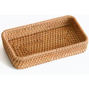 Small Rattan Serving Tray, Woven Rectangle Traykey Bowl for entryway, Natural Wicker Trays Key Bowl Decorative Baskets for Coffee Table, Kitchen, Bathroom