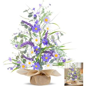 TURNMEON 2FT/24Inch Artificial Summer Trees Tabletop Decorations, Lighted Artificial Tree with Eucalyptus Wildflower Daisy Lavender Flowers Linen Base Timer 20 LED Lights Home Party Table Holiday