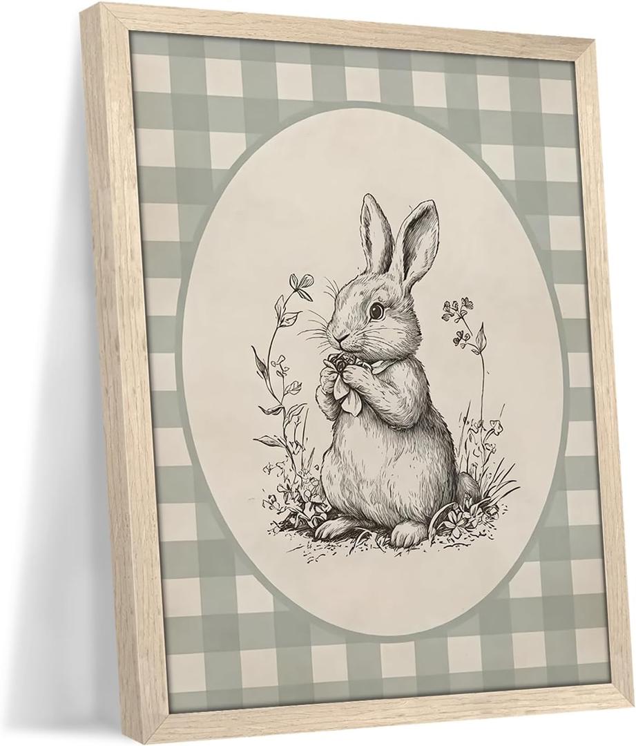 Framed Easter Bunny Wall Art, Cute Rabbit Easter Canvas Print Paintings, Rustic Farmhouse Spring Animal Wall Decor, Vintage Holiday Decor Oil Painting for Living Room Bedroom Nursery 8x10 Inch