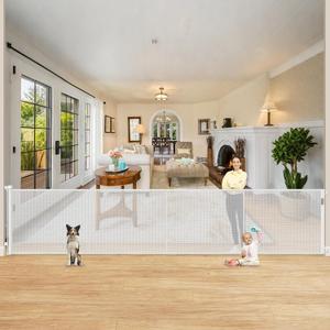 Reinforced 42" Extra Tall Retractable Baby Gates for Doorway, 200" Retractable Dog Gate With Support Rod, 16ft Extra Long Baby Gate for Large Opening, Bottom Anti-Crawl Indoor/Outdoor Mesh Child Gates