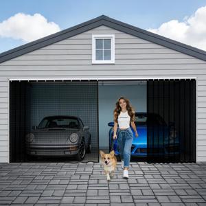 Sliding Garage Door Screen 2 Car with Track Closure,16x7Ft Garage Door Retractable Privacy Curtain Keep Annoying Animals Out Easy Install Heavy Duty Fiberglass Mesh Net for 2 Car Garage B1