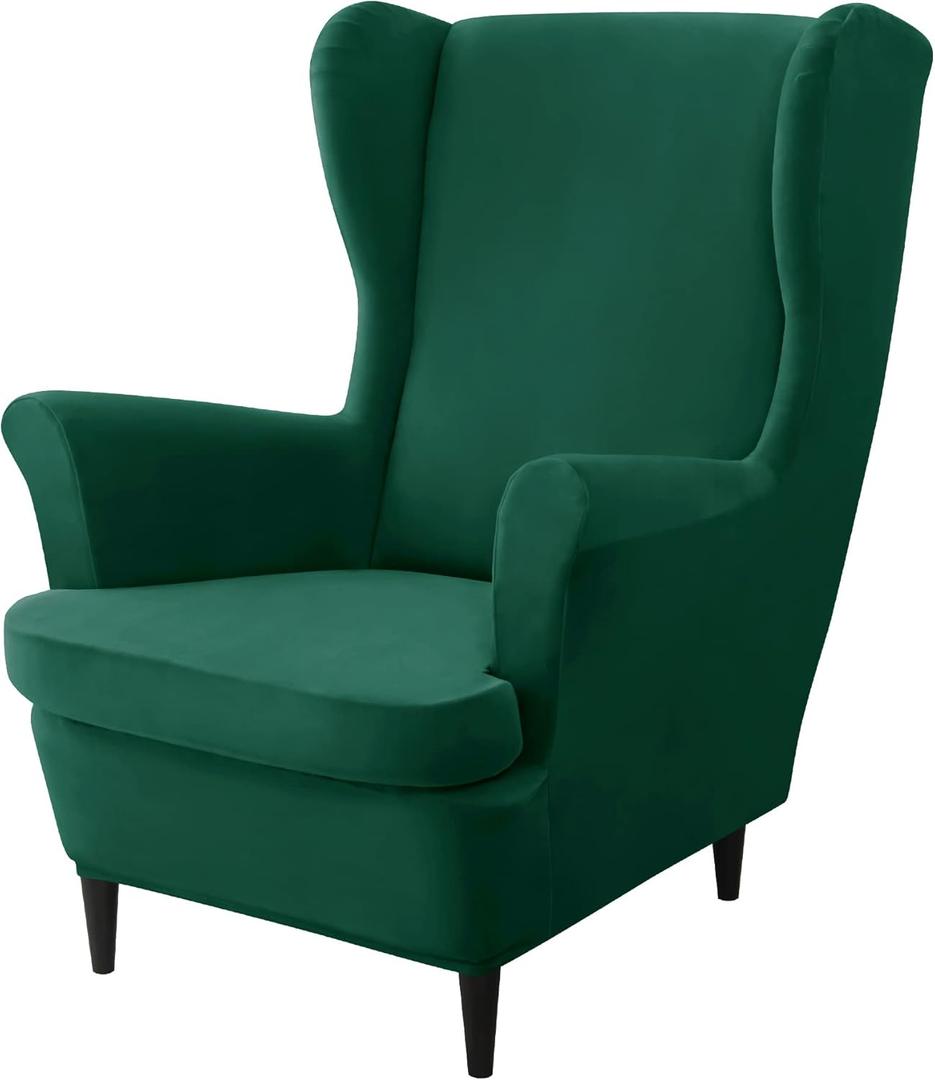 CONRUSER Stretch Wingback Chair Covers, 2 Piece Wing Chair Slipcovers Soft Velvet Armchair Covers with Elastic Bottom for Living Room Bedroom (Green)