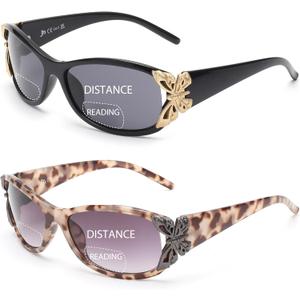 JM 2 Pack Bifocal Reading Sunglasses for Women Fashion Sun Readers Outdoor Reading Glasses UV400 Protection (Black & Grey Tortoise)