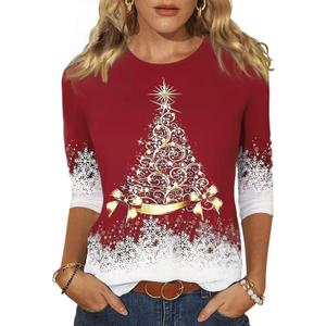 Women's Holiday 3/4 Sleeve T-Shirts Halloween Thanksgiving Tees Christmas Valentine's Day St Patrick's Day Tops (X-Large, 1028-red)