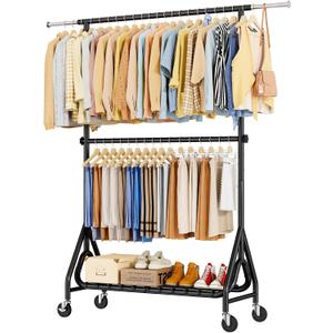 Double Rods Clothing Rack, Heavy Duty Clothes Rack for Hanging Clothes Load 560LBS, Metal Rolling Garment Racks with Wheels, Freestanding Clothes Hanging Racks, Black