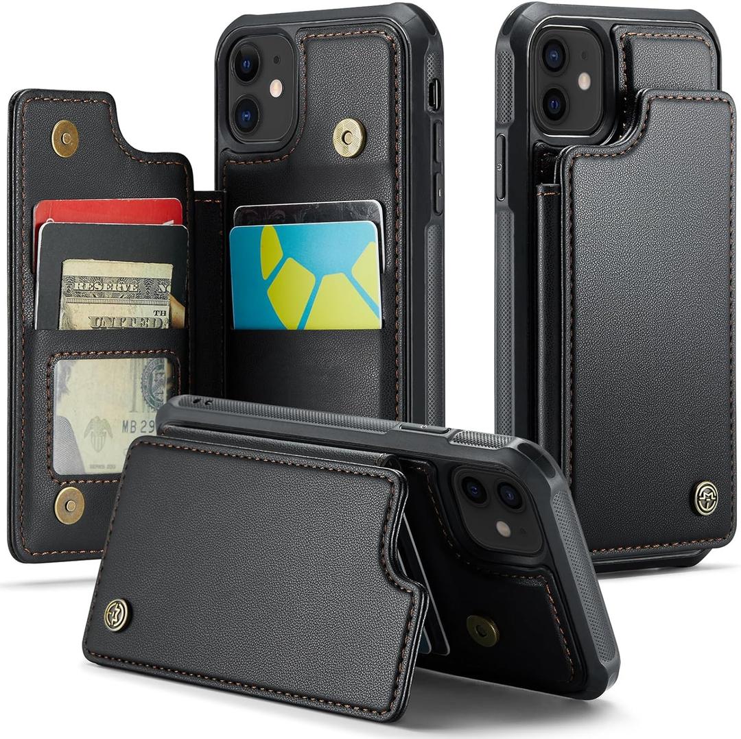 Compatible with iPhone 12/12 Pro Wallet Case with Card Holder RFID Blocking for Women Men, Double Magnetic Clasp Kickstand Shockproof Phone Case Fit for iPhone 12/12 Pro, Black