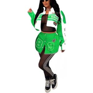 Women Varsity Jacket Detachable Skirt Set 2 Piece Motorcycle Biker Race Car Driver Costume Cropped Bomber Streetwear (Pink, XXL)