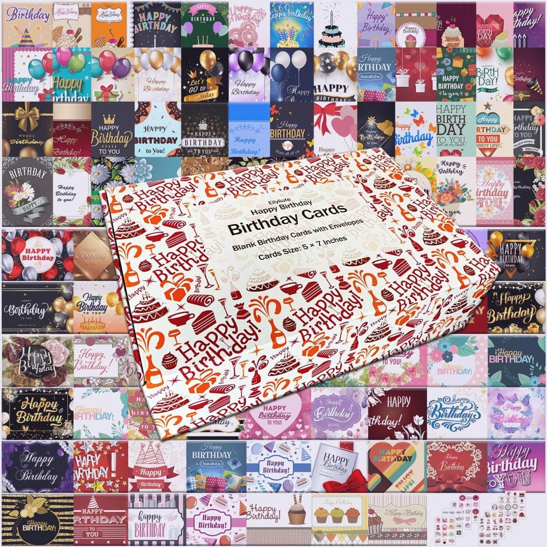 104 Unique Birthday Card Bulk, Assorted Birthday Card Box with Envelopes & Stickers, 4x6 Inches Blank Happy Birthday Cards Assortment for Work, Office, Family, Business, Friends