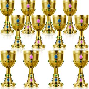 Suclain 12 Pcs Medieval Molded Crown Goblets 8 oz Gold Jeweled chalice Vintage Plastic Goblet King Queen Party Chalice Medieval Party Decorations for Carnival Drinking Supplies