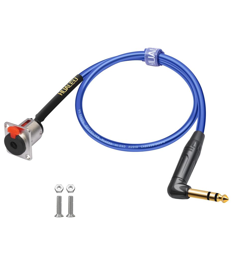 2FT Right Angle 1/4 TRS Male to 1/4 TRS with Lock Female Extension Cord,Lockable 6.35mm D Type Female Panel Mount to 6.35mm Male Stereo Connector Cable,6N 20AWG OFC+Silver Plated HI-END Cable