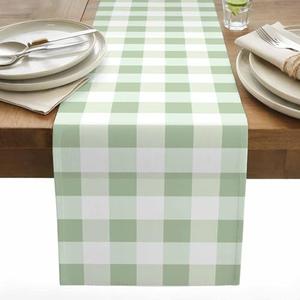 Sage Green Buffalo Plaid Table Runner 72 Inches Long Country Farmhouse Green White Plaid Gingham Cotton Linen Dining Table Runner Tabletop Decoration for Kitchen Restaurant Party 13" x 72"