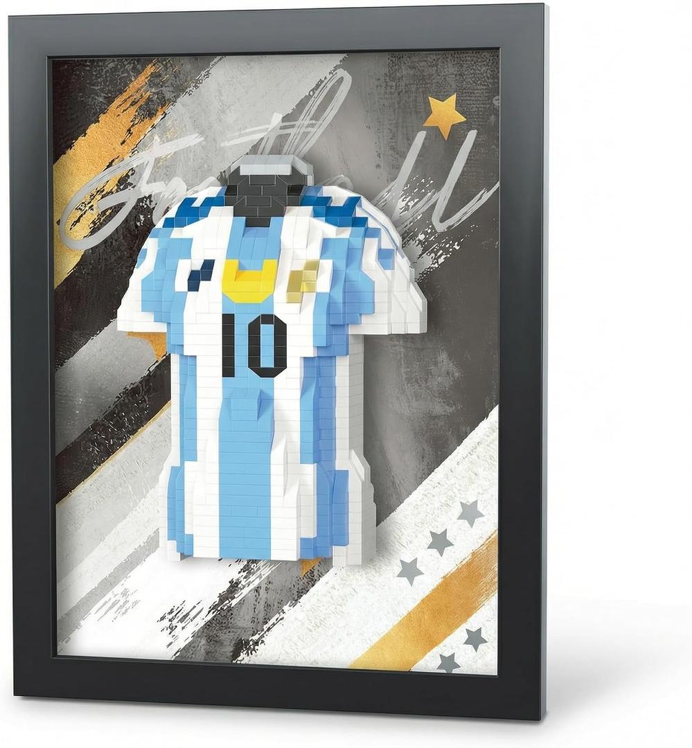 Blue Soccer Jersey Framed Micro Building Blocks Wall Art, 632 Pieces 3D Jersey Display Model Kit, DIY Sports Room Decor Brick Craft Gift for Soccer Fans, Teens & Adults