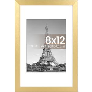 upsimples 8x12 Picture Frame, Display Pictures 6x8 with Mat or 8 x 12 Without, Wall Hanging Photo Frames, Gold, 1 Pack