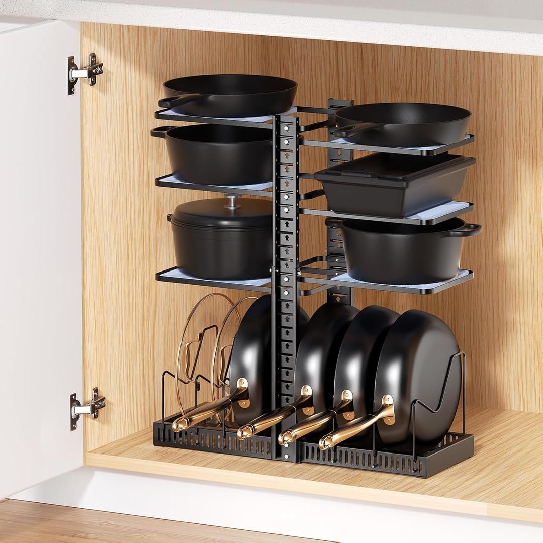 LAMU Pots and Pans Organizer under Cabinet, Expandable to 24" H Pan Organizers inside Cabinet for Kitchen Storage, 6 Adjustable Tiers and 6 Pot Lid Organizer Racks, Holds 12 Cast Iron Cookware Black