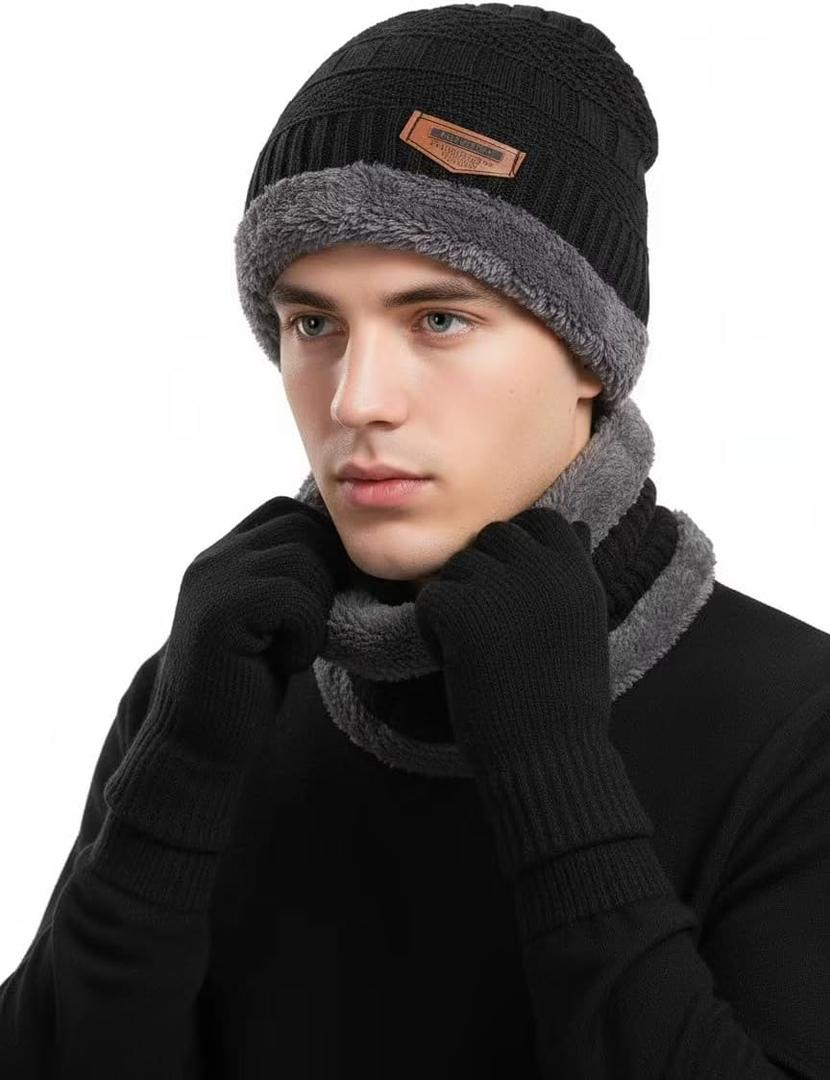 Winter Hat Scarf Gloves Set, 3-in-1 Knit Beanie with Fuzzy Lining, Touch Screen Mittens, Circle Scarf for Men Women (Black)