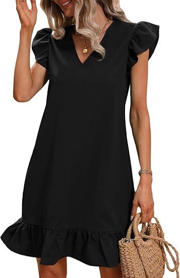 SOLY HUX Summer Dresses for Women V Neck Cap Sleeve Ruffle Hem Smock Short Dress, Medium