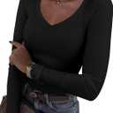 Roselux Womens Long Sleeve V Neck Ribbed Knit Fitted Casual Tops Tee Slim Basic Shirt (Small, Black)