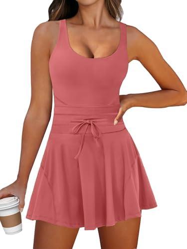 Caracilia Women's Tennis Mini Dresses Summer Workout Built in Shorts Golf Athletic Sleeveless One Piece Active Romper Dress Rust Red Medium